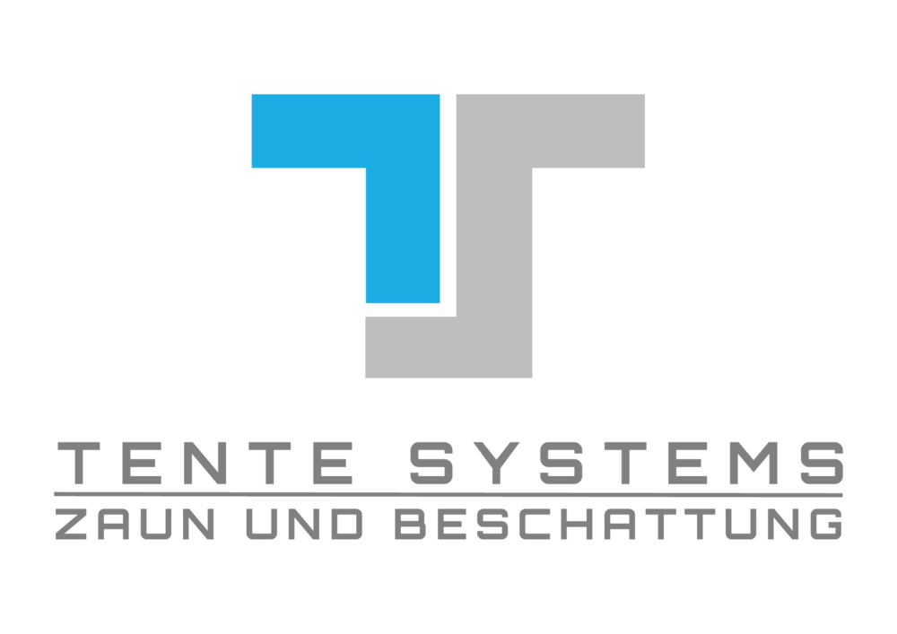 Logo: Blaues und graues "T" mit "TENTE SYSTEMS ZAUN UND BESCHATTUNG" darunter auf grünem Hintergrund.