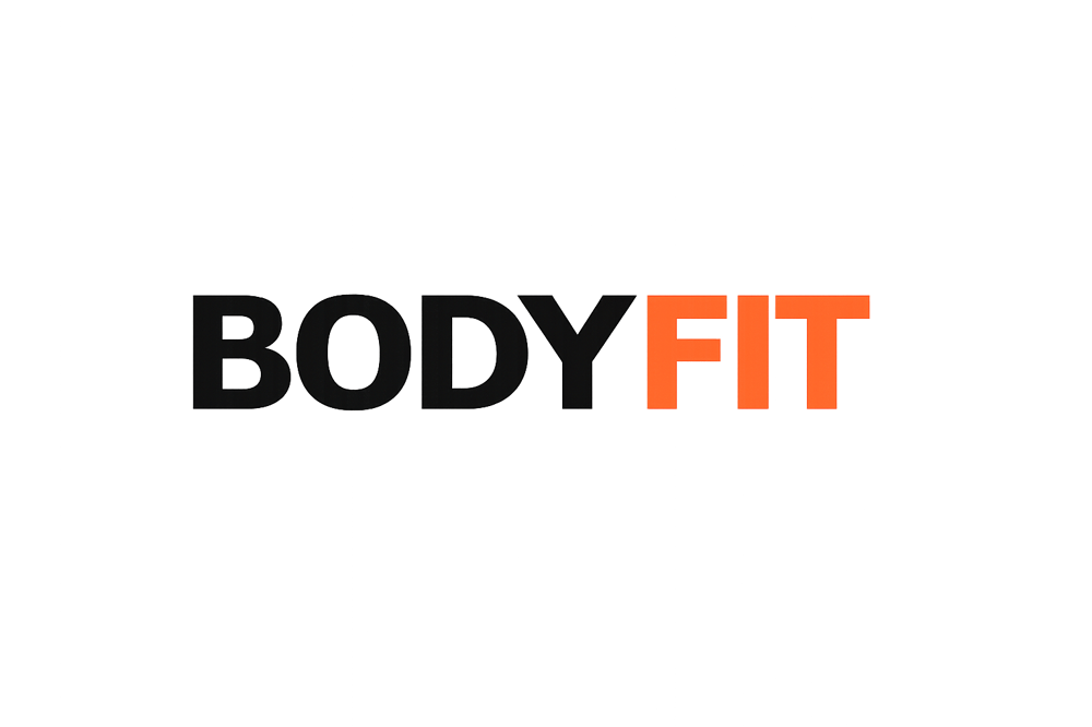 BODYFIT Schriftzug in Grau und Orange auf schwarzem Hintergrund.