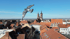 Eine Taube fliegt über eine Stadt mit roten Dächern und einer Kirche mit zwei Türmen unter blauem Himmel.