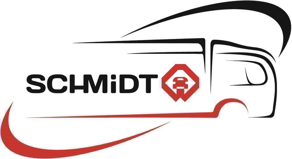 LKW-Logo mit dem Firmennamen "SCHMiDT" und einem roten LKW-Symbol.