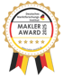 Goldene Auszeichnung „Makler Award 2025“ des Deutschen Marktforschungs Instituts mit fünf Sternen und Deutschlandbändern.