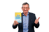 Harald Seidler mit Brille, Anzug und blauem Hemd hält ein Buch mit der Aufschrift "Flow" und zeigt einen Daumen hoch.