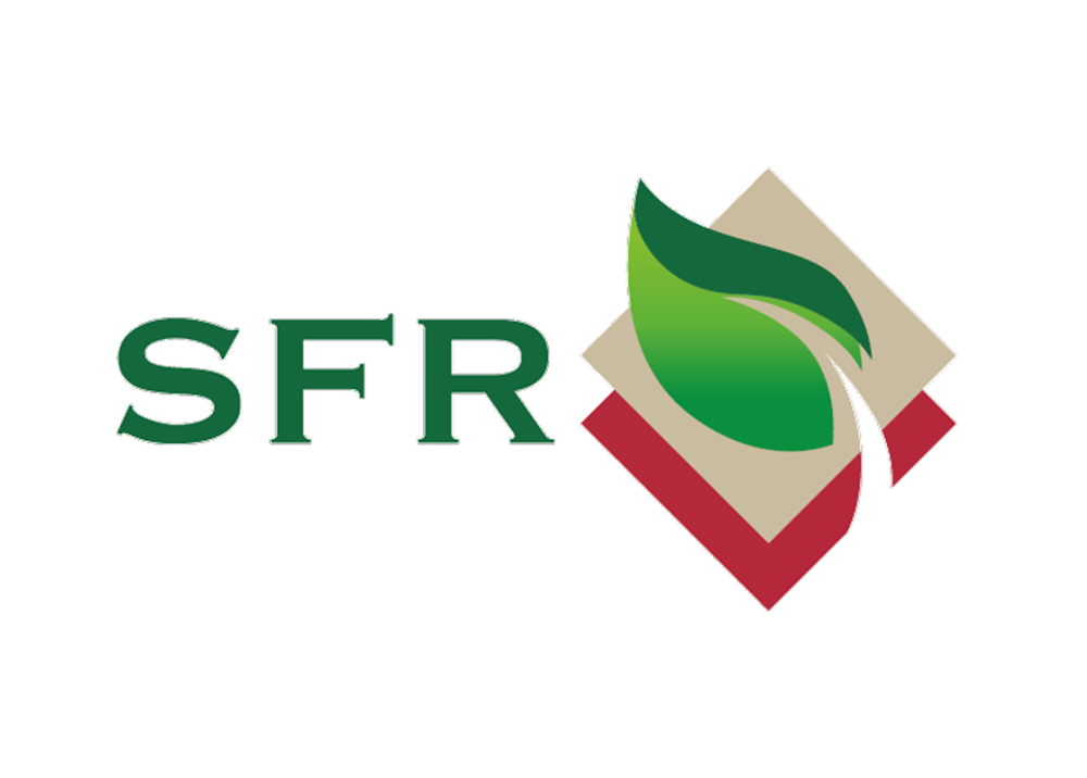 SFR-Logo mit grünem Text und einem stilisierten Blatt auf rautenförmigen Elementen.