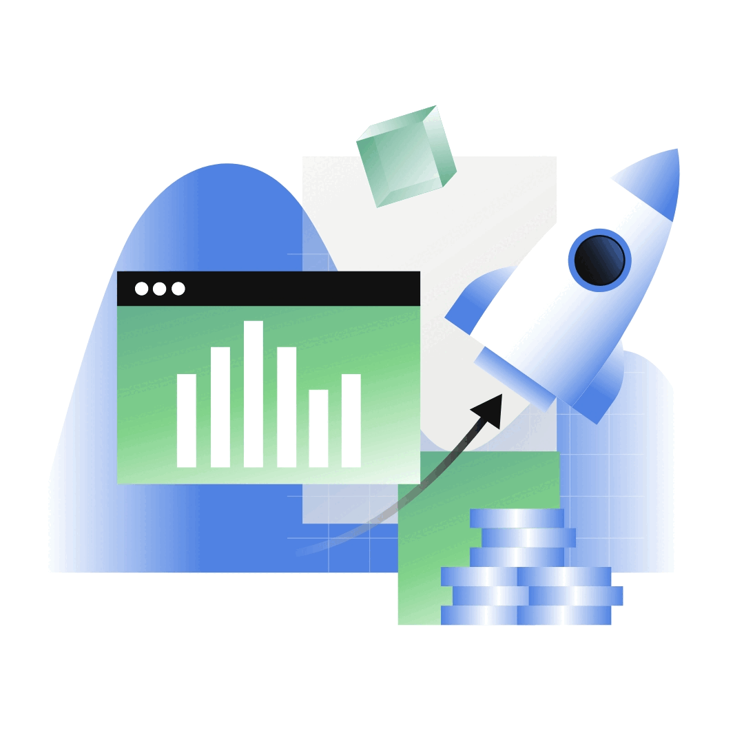 Eine Rakete startet, begleitet von einem Browserfenster, einem Stapel Münzen, einem Würfel und abstrakten Formen.