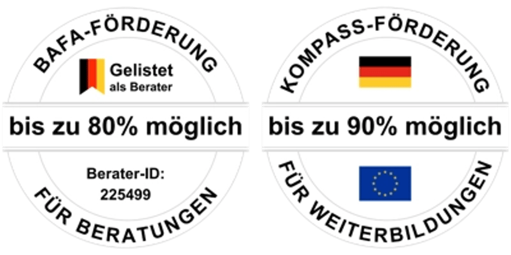 Zwei runde Abzeichen: BAFA-Förderung bis zu 80% möglich, Berater-ID; Kompass-Förderung bis zu 90% möglich.