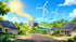 Sonnenschein, Windräder und Solarpaneele versorgen Häuser in einer grünen Landschaft über ein Umspannwerk mit Energie.