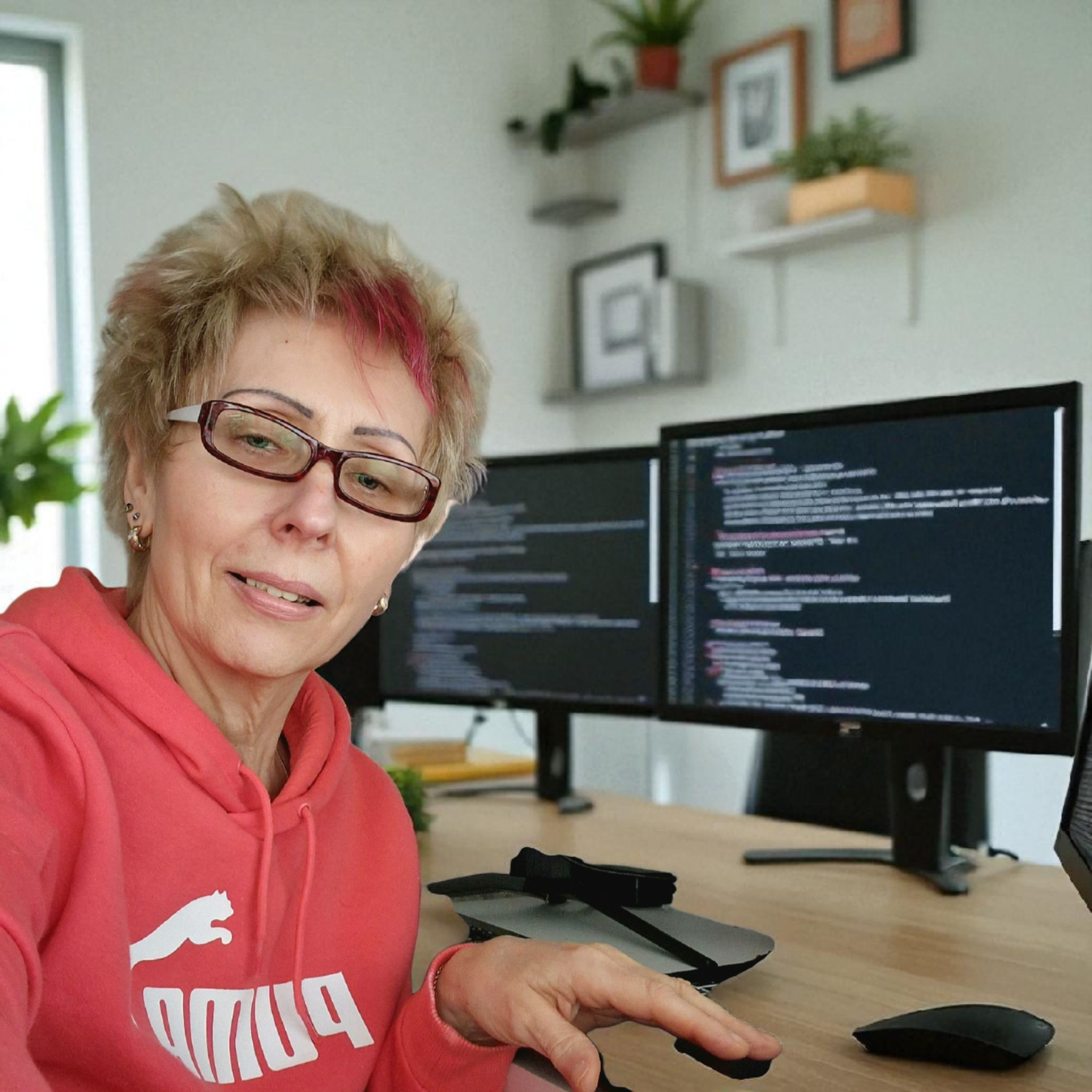 Eine Frau mit braunem Haar und Brille trägt einen orangefarbenen Kapuzenpullover vor einem Schreibtisch mit Computer.