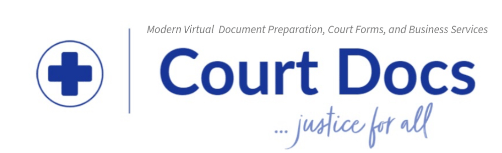Blue cross in a circle next to "Court Docs" and text "Modern Virtual Document Preparation, Court Forms, and Business Services ...justice for all".