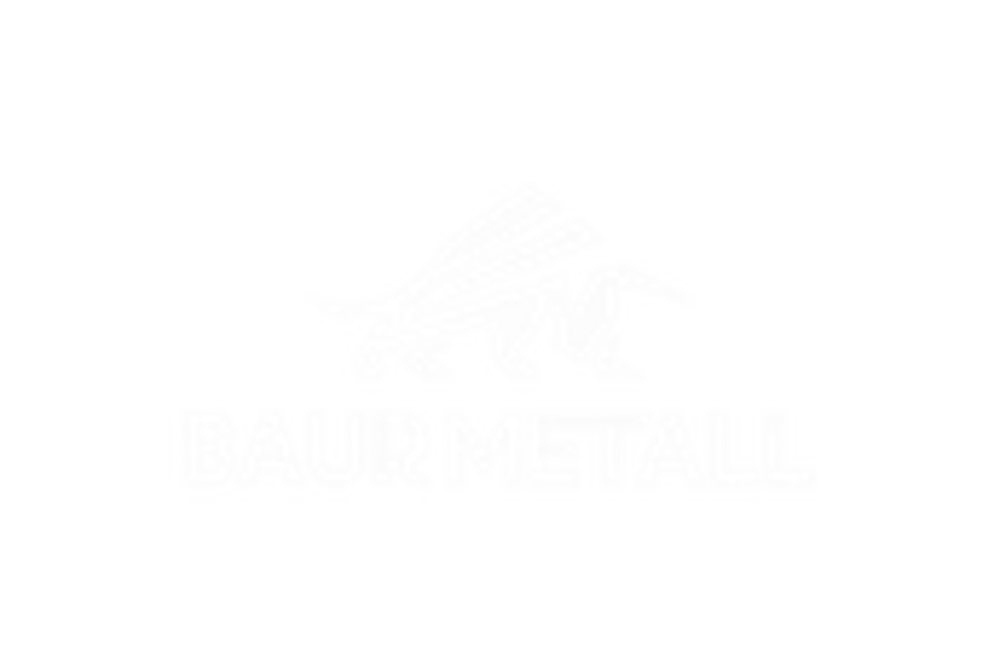 Weißes Stier-Logo über dem Schriftzug "BAUR METALL" auf dunkelgrünem Hintergrund.