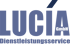 LUCÍA GmbH Dienstleistungsservice Logo in Lila und dunklem Blau auf grünem Hintergrund.