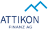 Logo der Attikon Finanz AG mit blauem Schriftzug und einer stilisierten blauen Gebirgssilhouette darüber.