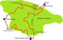 Karte des Kyffhäuser Gebirges mit Wanderwegen und Orten wie Tilleda, Rothenburg und Bad Frankenhausen.