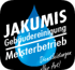 Logo: JAKUMIS Gebäudereinigung Meisterbetrieb, mit einem blauen Wassertropfen und Text "Dienstleistungen aller Art!".