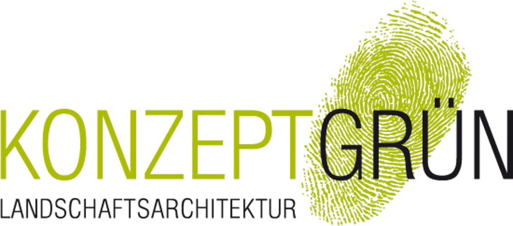 Logo "KONZEPT GRÜN LANDSCHAFTSARCHITEKTUR" mit einem grünen Fingerabdruck, der den Buchstaben "G" formt.