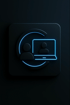 Ein schwarzes Quadrat mit einem blauen Neon-Icon, das eine Person, einen Laptop und eine kreisförmige Pfeilbewegung zeigt.