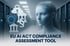 Eine junge Frau, dargestellt durch ein Punktmuster, vor Servern, dazu Symbole für Datenschutz und Recht, Text: EU AI ACT COMPLIANCE ASSESSMENT TOOL.