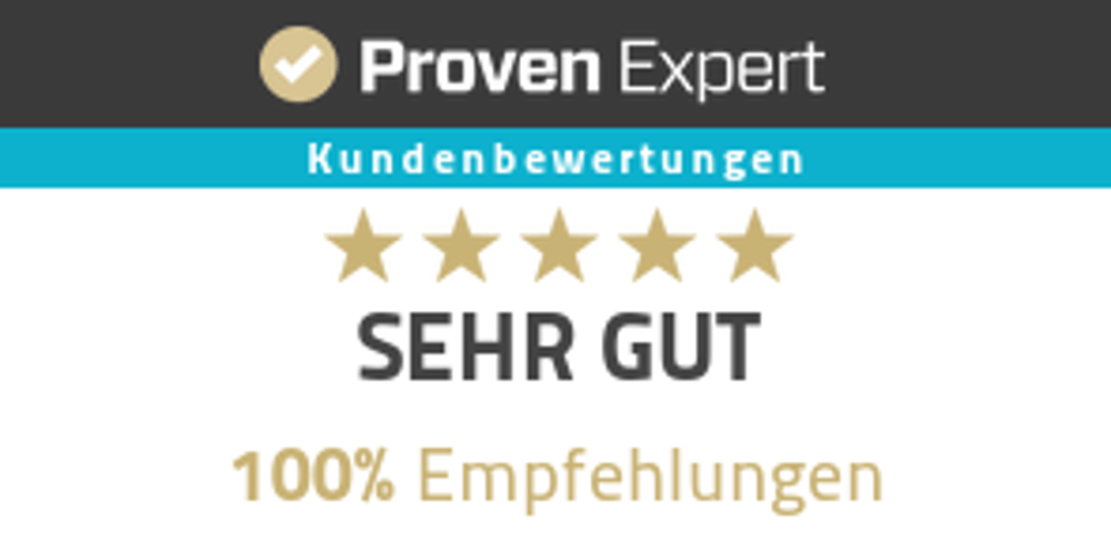 Proven Expert Logo mit Text "Kundenbewertungen", fünf goldenen Sternen, "SEHR GUT" und "100% Empfehlungen".