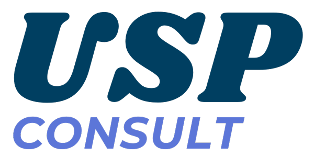 USP CONSULT Logo mit dunkelblauer Schrift auf schwarzem Hintergrund.