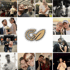 Collage aus Porträtfotos verschiedener Paare und Personen um ein zentrales goldenes Logo auf schwarzem Grund.