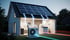 Haus mit Solarmodulen, Wärmepumpe und Energiespeicher, verbunden durch leuchtende Linien.