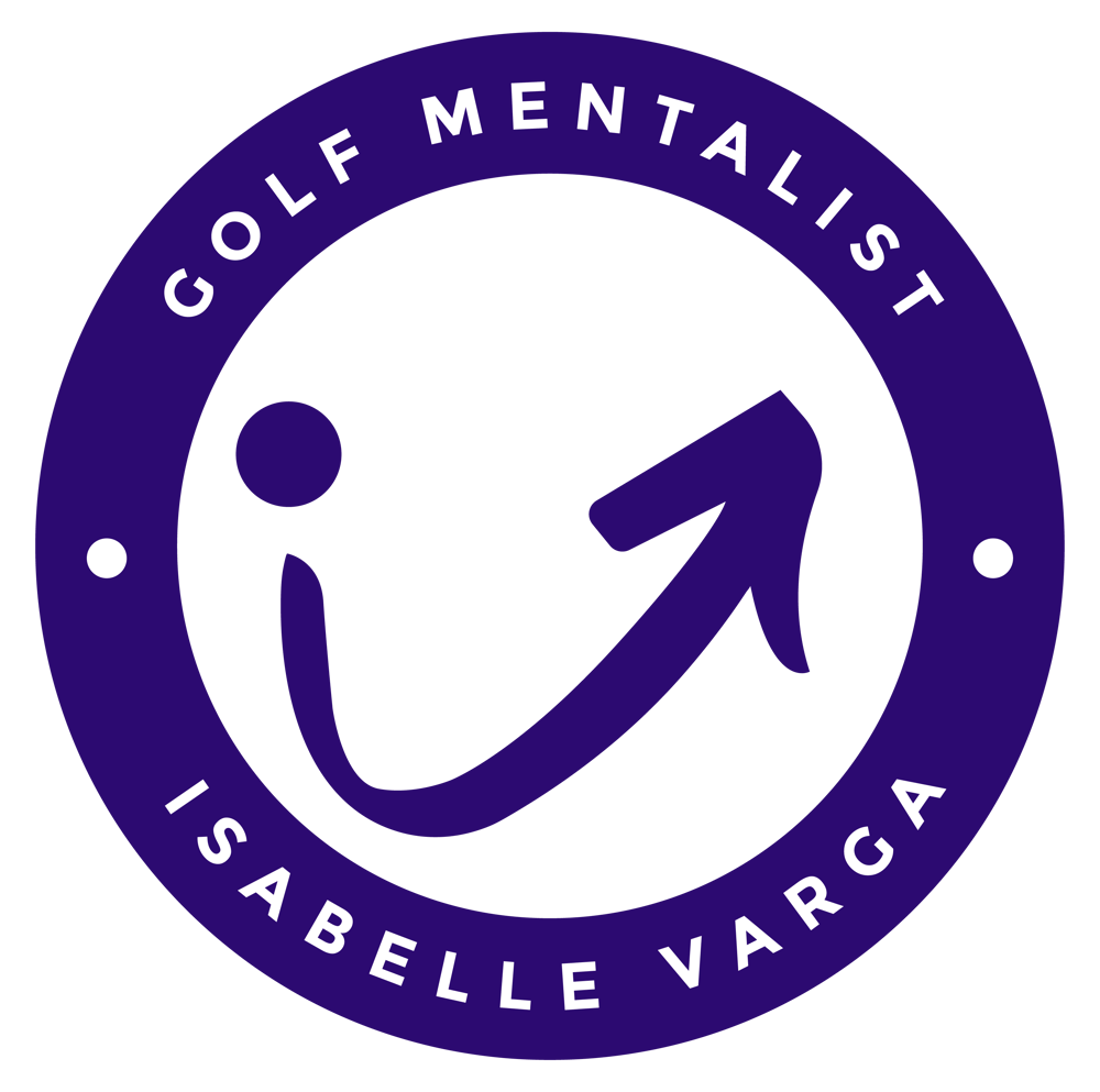 Lila-weißes Logo: "GOLF MENTALIST ISABELLE VARGA" in einem Kreis mit stilisiertem "i" und Pfeil nach oben.