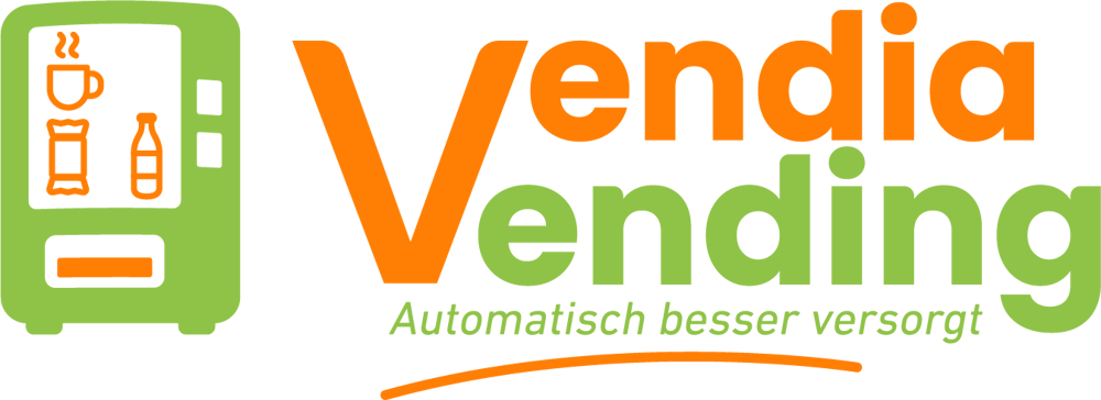 Logo von Vendia Vending in grün orangem Schriftzug mit dem Slogan "Automatisch besser versorgt" und einer Vending Machine Icon, die für Snackautomaten, Getränkeautomaten & Kaffeeautomaten stehen