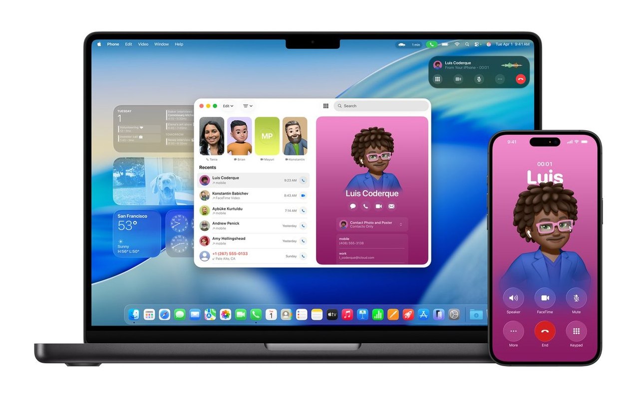 MacBook Pro und iPhone nebeneinander, auf dem iPhone ein laufender Anruf
