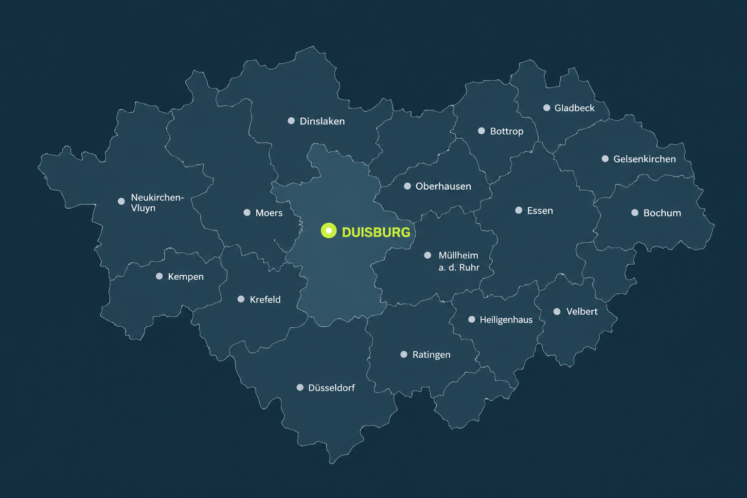 Karte des Ruhrgebiets mit Duisburg hervorgehoben