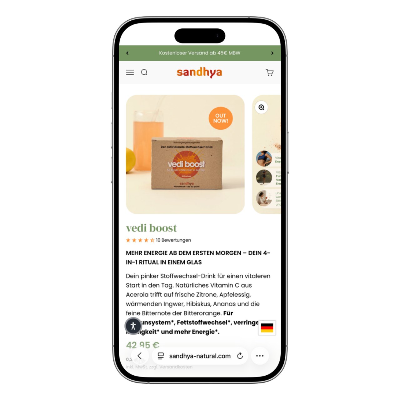 Ein Smartphone zeigt die Webseite von Sandhya-Natural mit dem Produkt „vedi boost“ für 42,95 €.