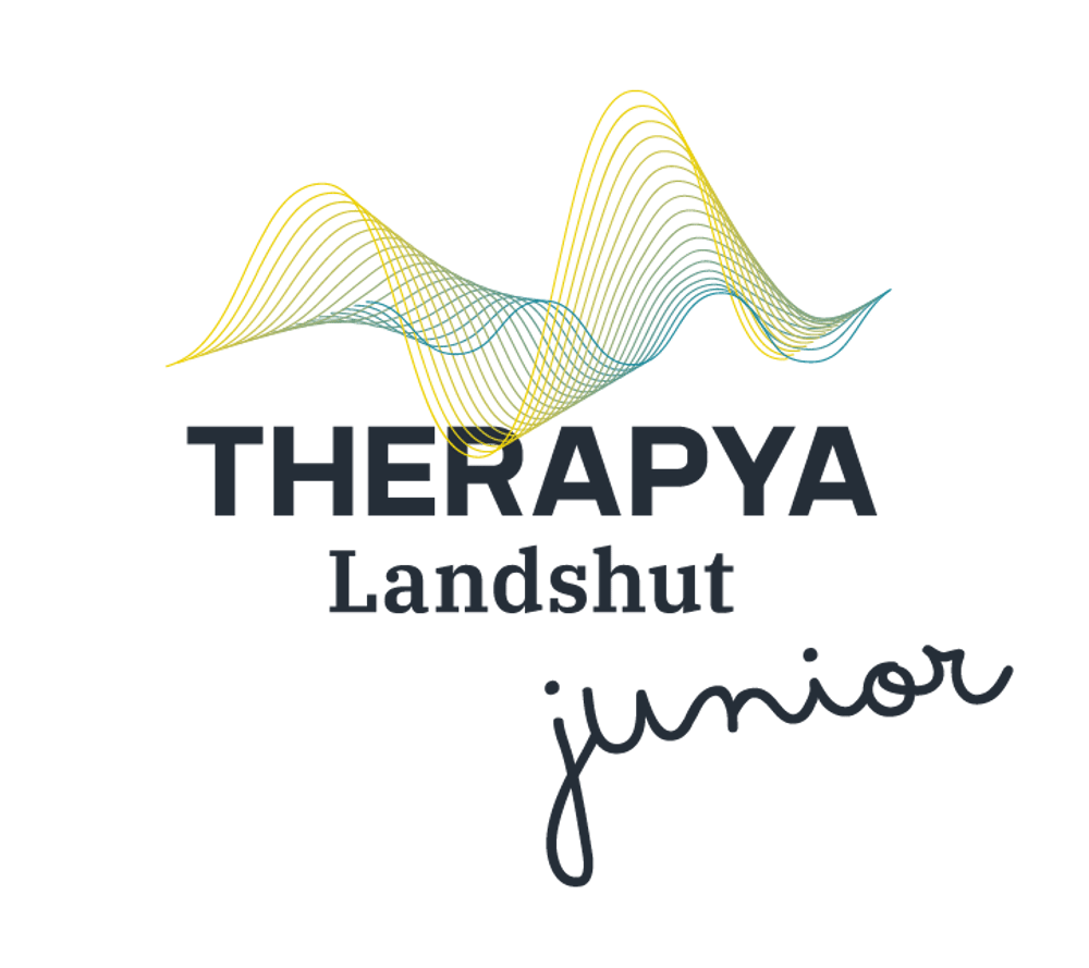Ein Logo mit gelben und blauen Wellenlinien über dem Text „THERAPYA Landshut junior“.