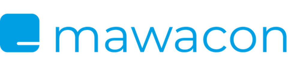 Mawacon-Logo in leuchtendem Blau, mit einem stilisierten "e" am Anfang und dem Text "mawacon" daneben.