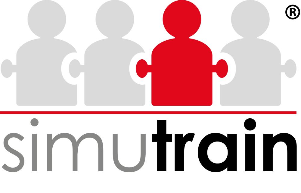 Simutrain Logo: Drei graue und eine rote Person als Puzzleteile, darunter der Schriftzug "simutrain".