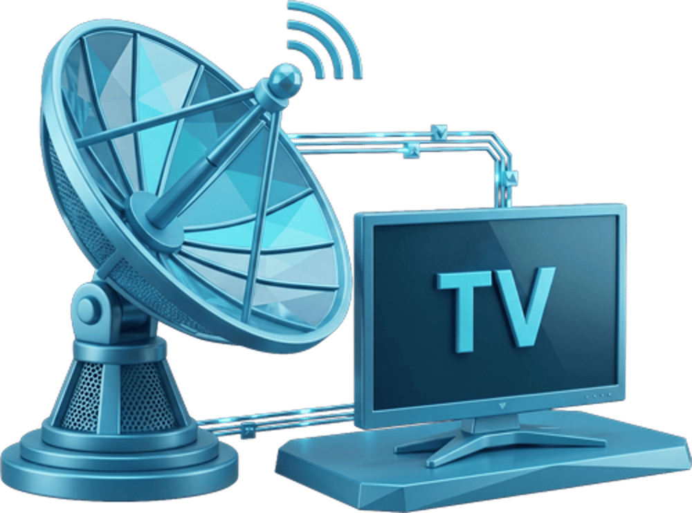 Blaue Satellitenschüssel verbunden mit einem Fernseher, auf dessen Bildschirm der Text TV steht.