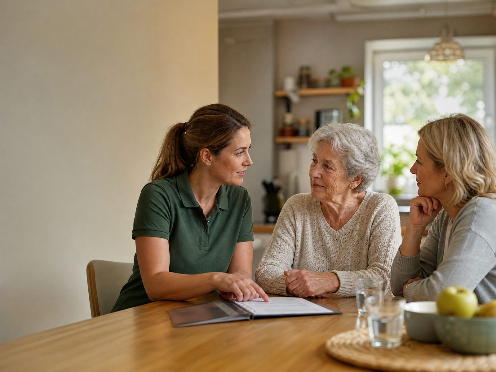 Pflegeberaterin im Gespräch mit einer Seniorin und ihrer Angehörigen