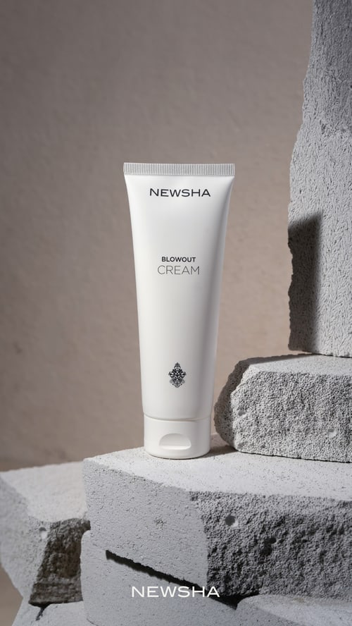 Weiße Tube Newsha Blowout Cream steht auf grauen Betonsteinen vor neutralem Hintergrund.