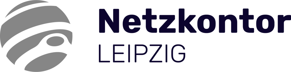 Netzkontor Leipzig Logo mit einer grauen Weltkugel-Grafik auf schwarzem Hintergrund.