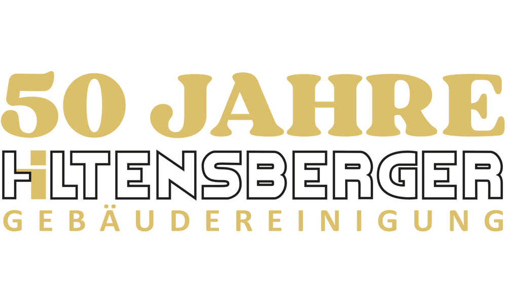 Logo mit dem weißen Schriftzug „HILTENSBERGER“ und dem blauen Schriftzug „GEBÄUDEREINIGUNG“.