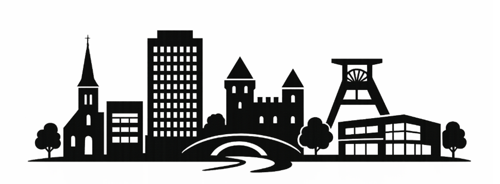 Stadtsilhouette mit Kirche, Hochhaus, Burg, Fördergerüst, modernem Gebäude, Brücke und Fluss.