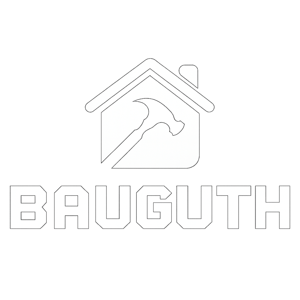 Grünes Logo mit weißem Haus, Hammer und dem Text "BAUGUTH".