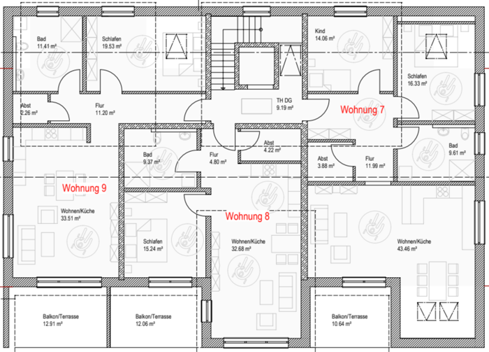 Grundriss Wohnung 7, 8 und 9 im Dachgeschoss, Hauensteiner Straße 52