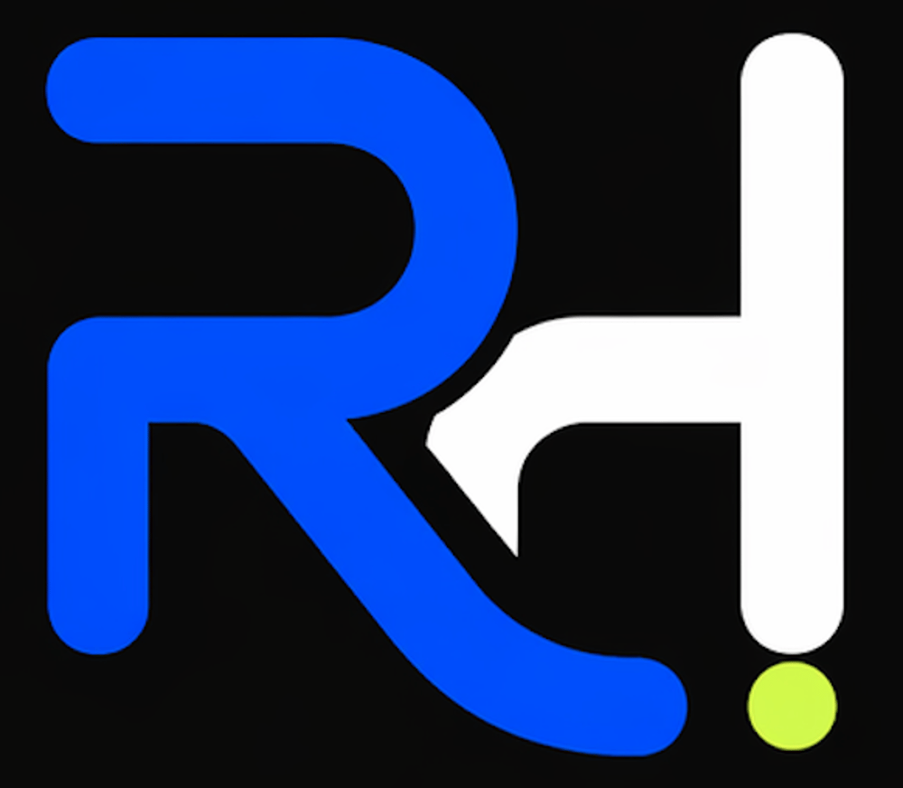 Schwarzes, stilisiertes "RH"-Logo mit einem weißen "R" und einem schwarzen "H", das teilweise überlappt.