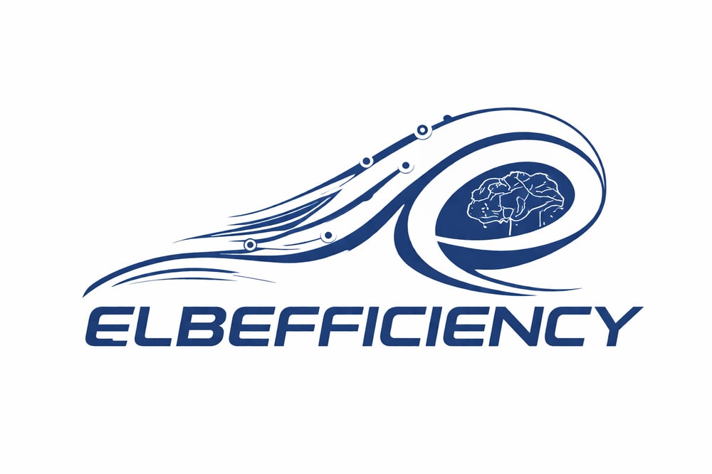 Logo "ELBEFFICIENCY" in Blau und Weiß, mit einem stilisierten "e" und einem Gehirn im Inneren.