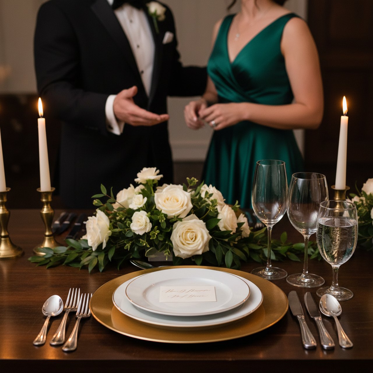 Gedeck mit Namenskarte und Blumen