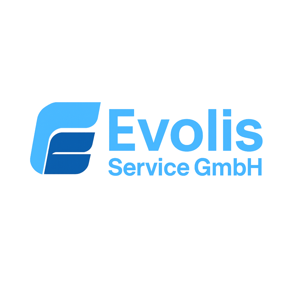 Evolis Service GmbH Logo mit blauen Buchstaben und einem geschwungenen Symbol, das an Flügel erinnert.