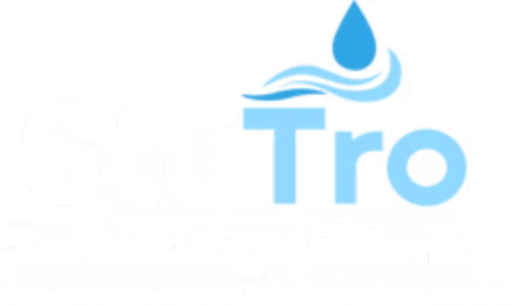 StuTro Trocknungstechnik Logo mit blauen Wellen und Wassertropfen über dem "T".