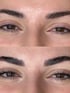 Ein Vorher-Nachher-Vergleich der Augenbrauen und Wimpern einer Frau.