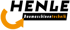 Logo mit "HENLE" in Schwarz, darunter "Baumaschinentechnik" in Weiß/Orange auf schwarzem Balken und orangefarbenem Pfeil.