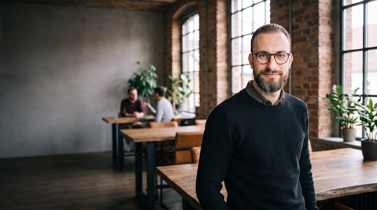 Erik Rulands in einem Loft-Büro, im Hintergrund ein Team im Gespräch