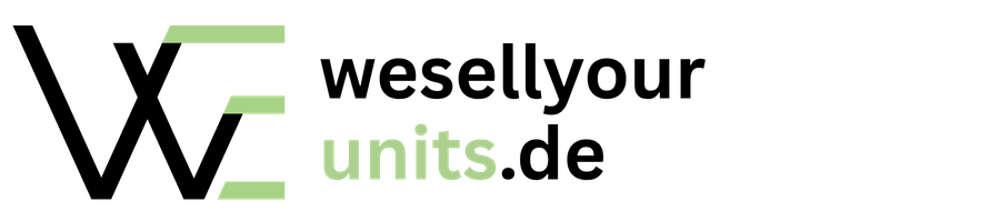 Logo mit dunkelgrünem "WE" und hellgrünem Querbalken, daneben "wirverkaufendeine einheiten.de" in zwei Zeilen.