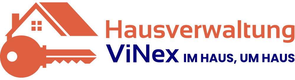 Hausverwaltung ViNex Logo: Oranges Haus mit Schlüssel und Text "Hausverwaltung ViNex IM HAUS, UM HAUS".